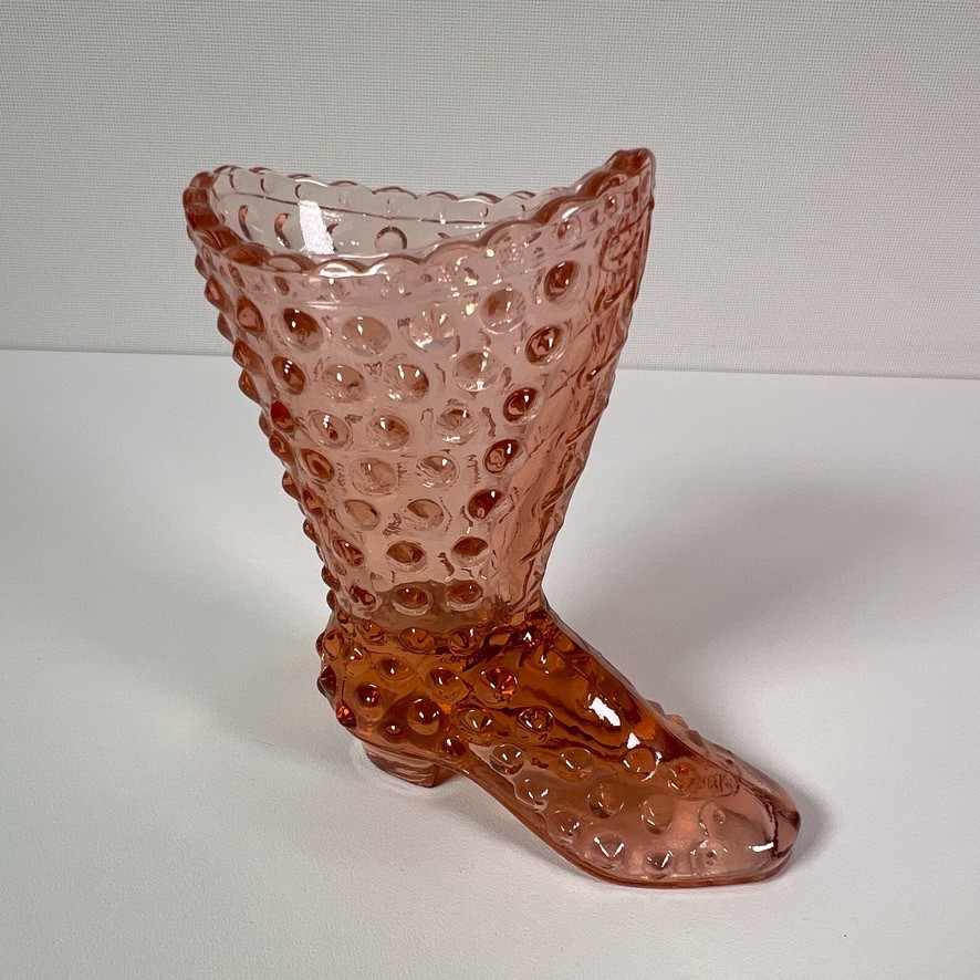 Vintage Fenton Art Glass Pink Laced Hobnail Pattern 4″ High Boot Figurine Vase