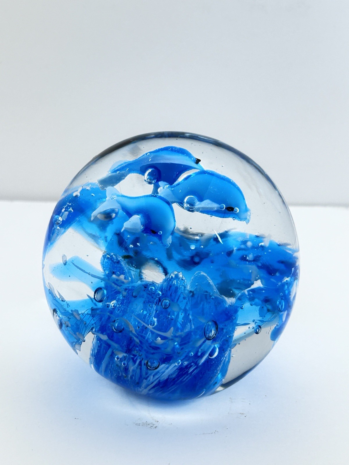 Art Glass Paperweight Dolphins And Under Water Oceanscape Blues