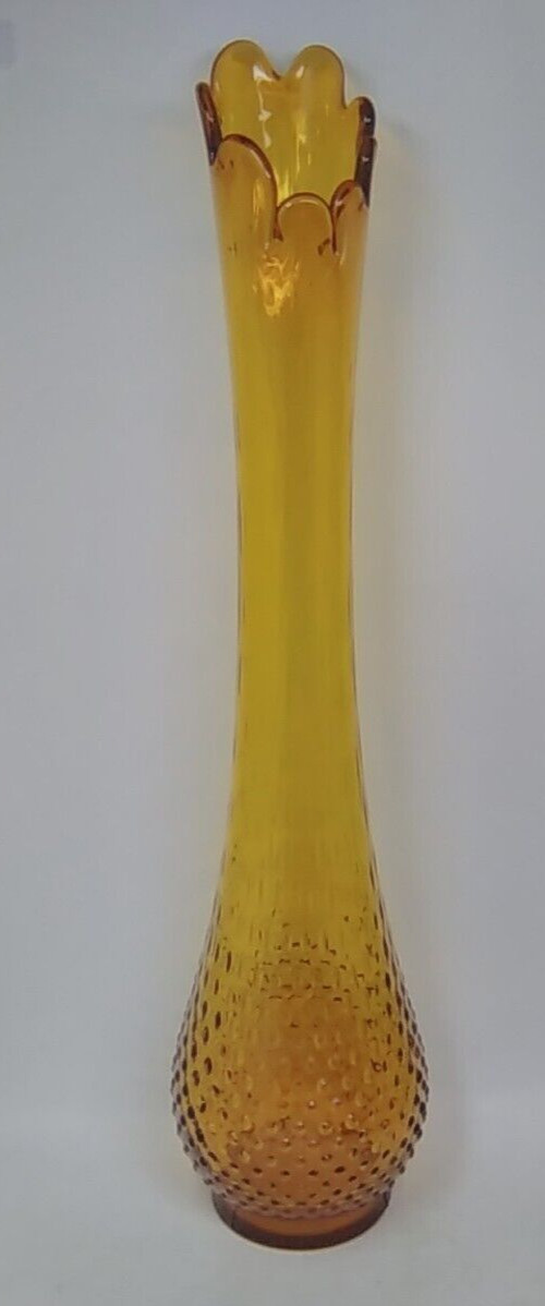MCM Mid Century Gold Amber Glass Swung vase Hobnail 20.5″ Tall