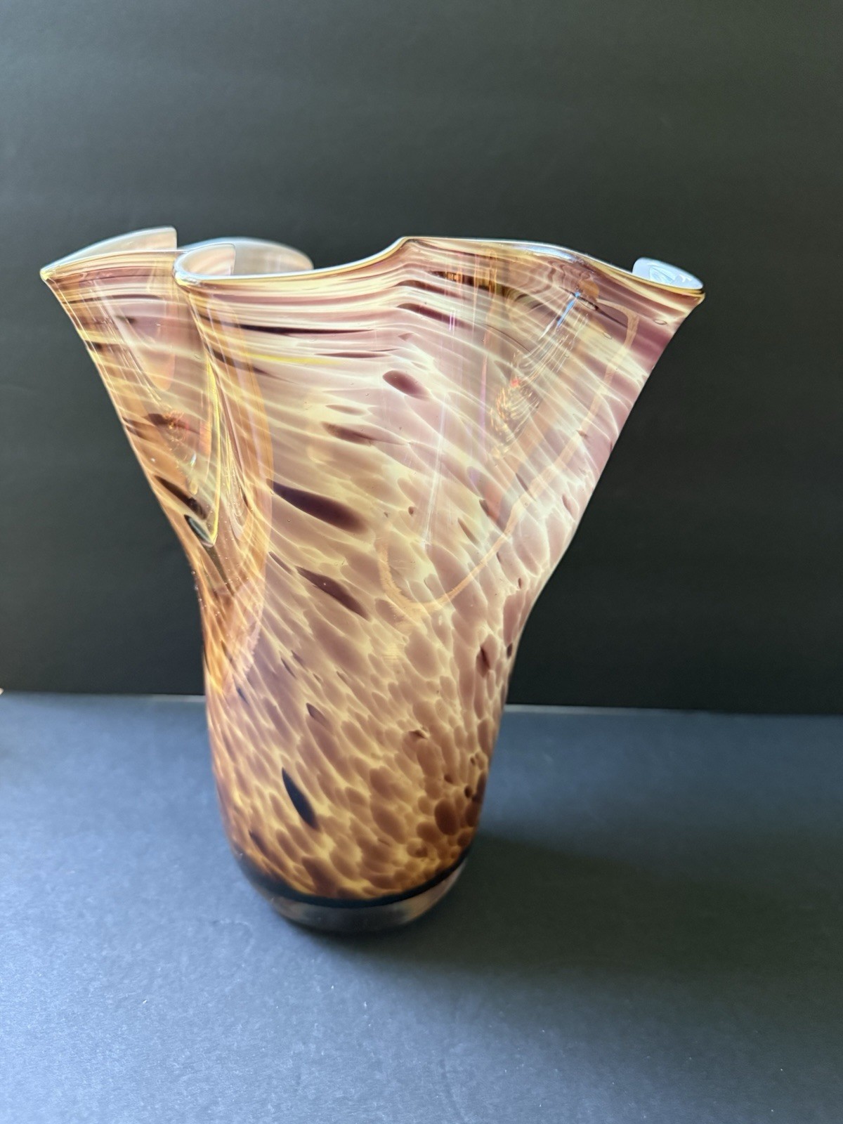Handblown Ruffle Vase Brown 10” Vessel Modern Artsy Art Glass Contemporary