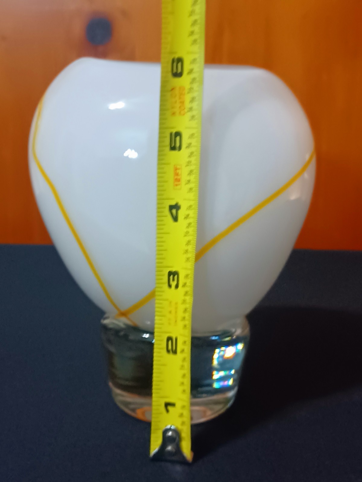 Vintage 1994 Robert Ore Hand Blown Art Glass Vase White Clear Yellow Swirl