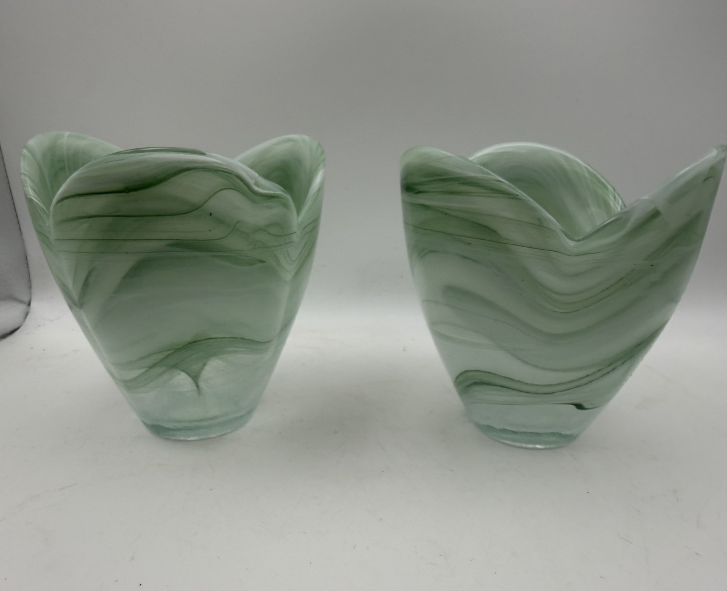Pair Green Slag Glass Votive Candle Holders Swirl Art Glass ~4”
