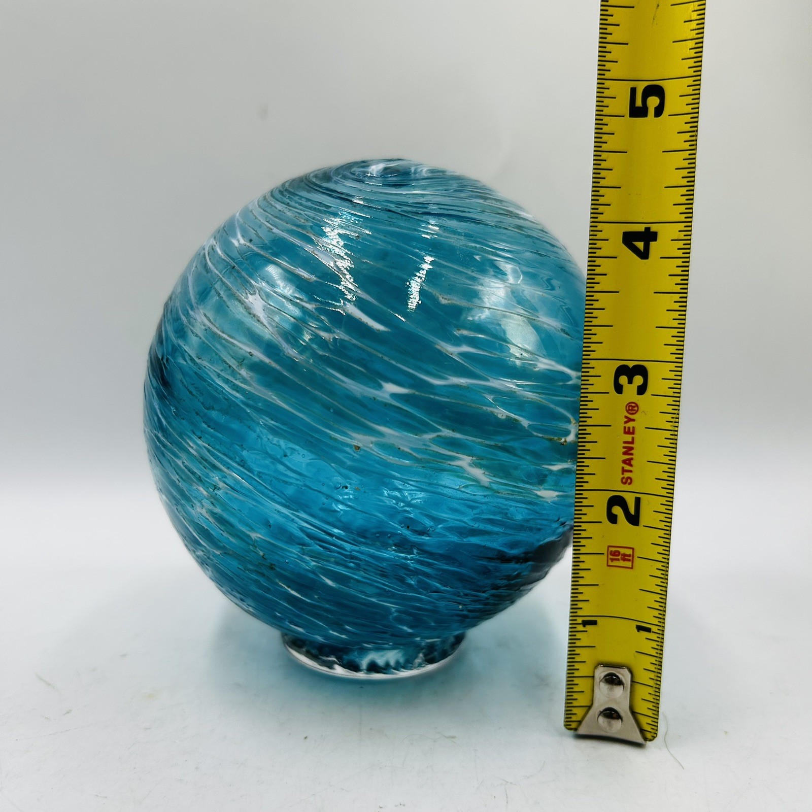 Opal Art Glass Blue White Swirl Glass Float Gazing Ball Orb 5” Tall