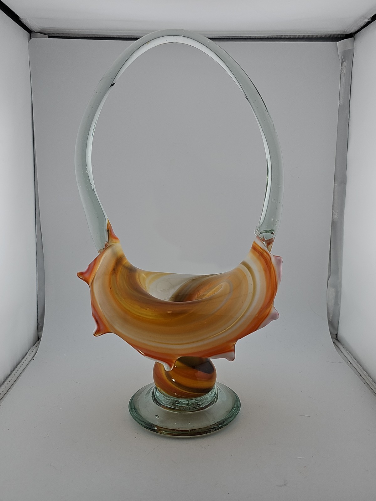 Vintage Hand Blown Stretched Art Glass Basket Vase Yellow, White, Brown, Orange