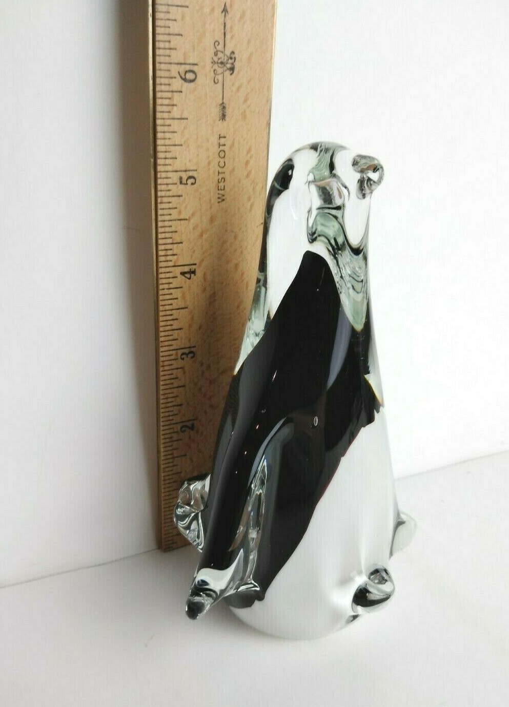 Vintage Murano Glass PENGUIN Black White & Clear Glass 5.5″ Tall 4″ wide