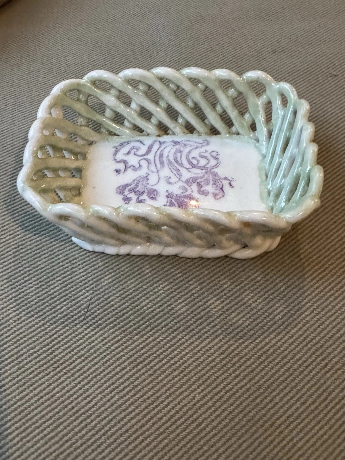 Antique White and Green with Purple Iris Floral Small Porcelain Rope Basket