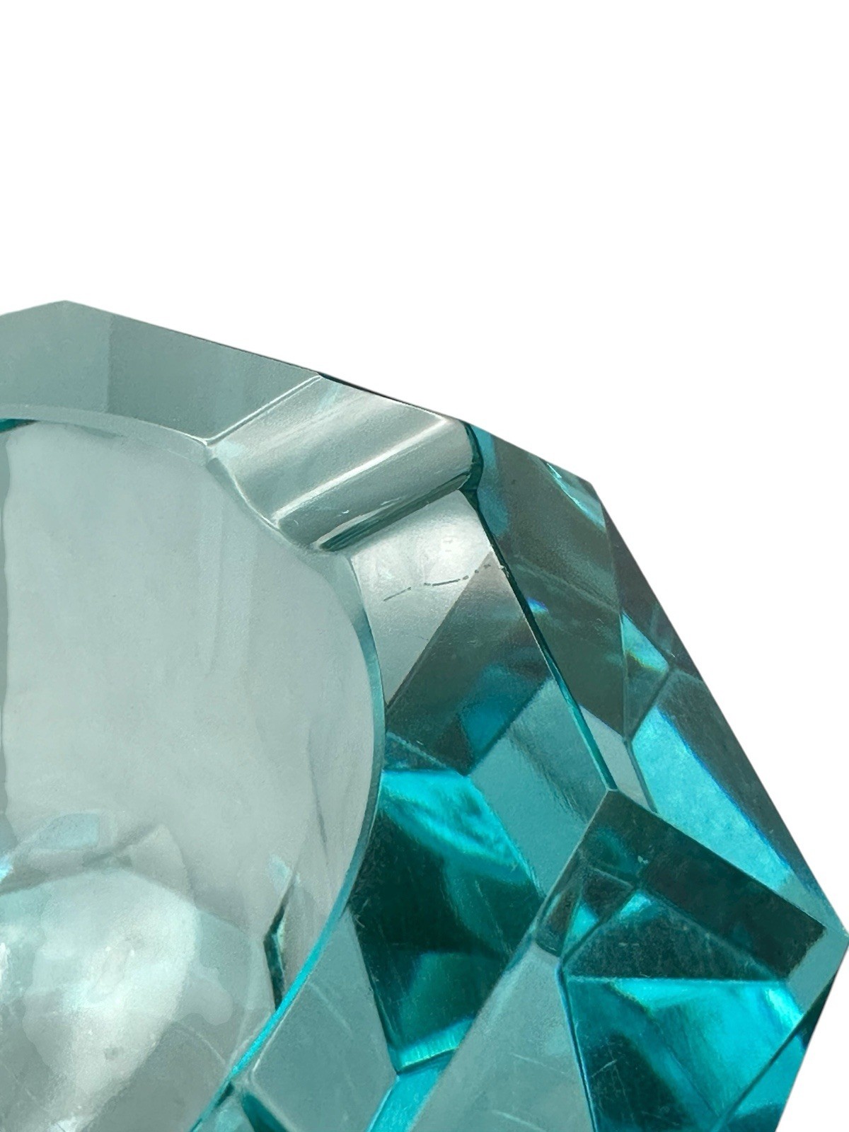 Moser Style Gem Ashtray Glows AS IS Blue Turquoise Glass Geometric Multifaceted