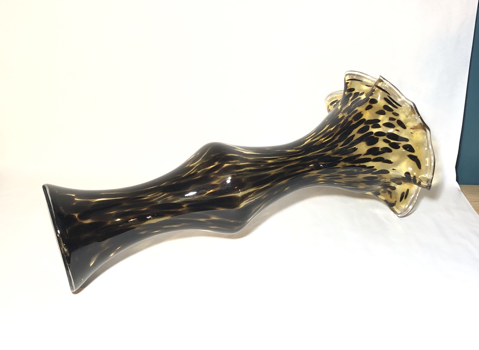 Large Blown Glass Vase- 22.5″ Tall, Ruffled Edge. Amber Brown Tortuous Shell