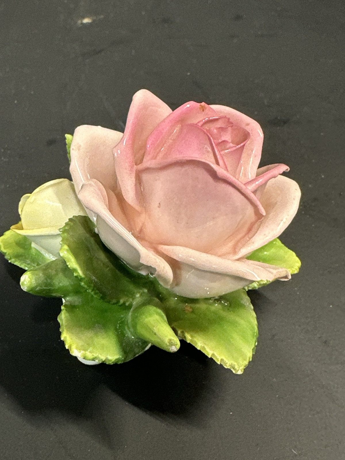 Vintage Handarbeit KSK Porcelain Pink Rose/Yellow Rose Bud/Green Leaves