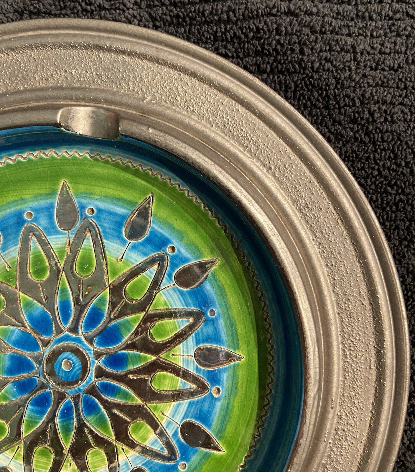 Vintage Bitossi Green Blue Ashtray 10″ Aldo Londi Italy MCM Ceramic CHIPPED