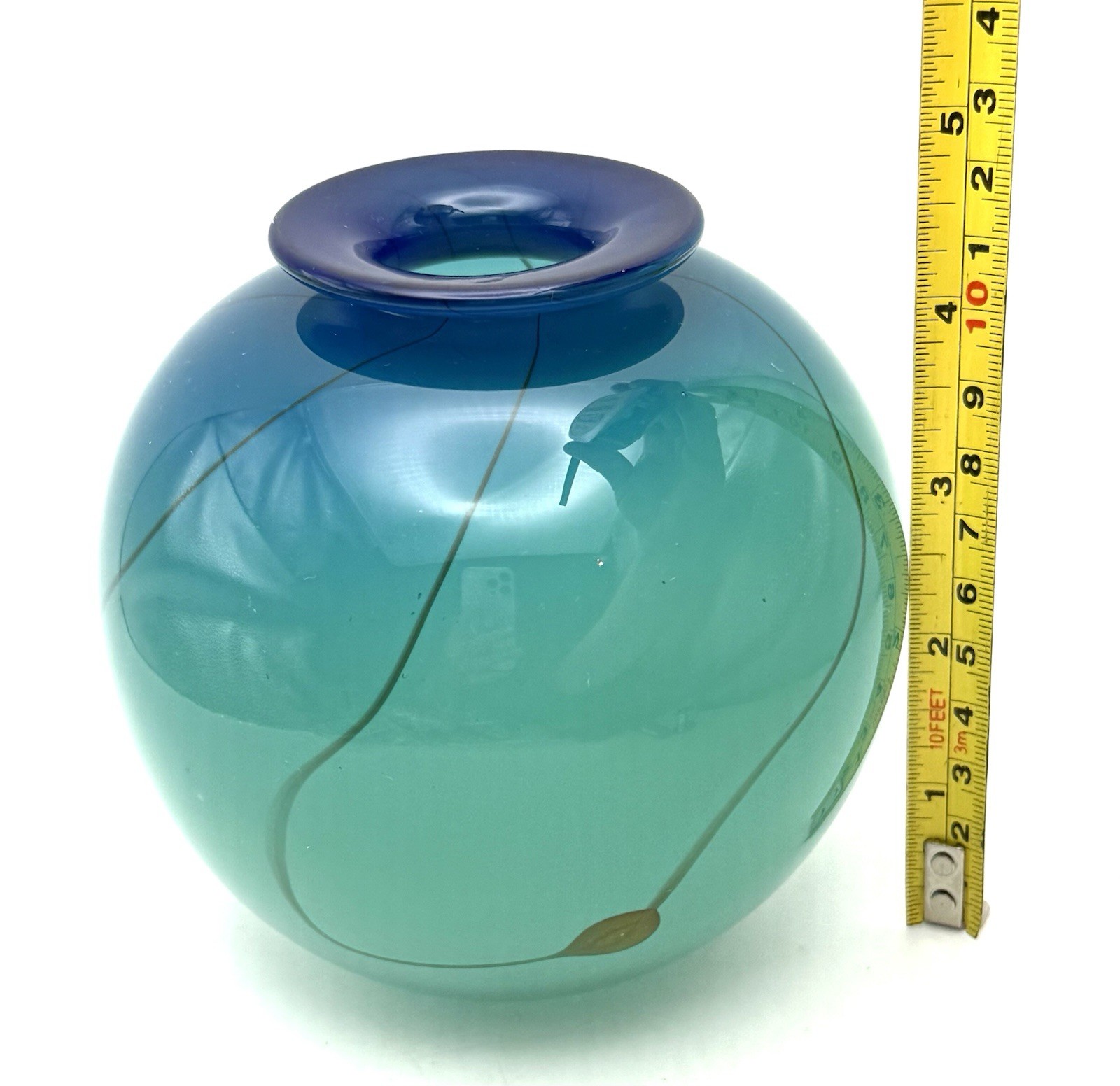 Studio Art Glass Vase Aqua & Blue Small Hand Blown Artist Signed 4.25” Swirl
