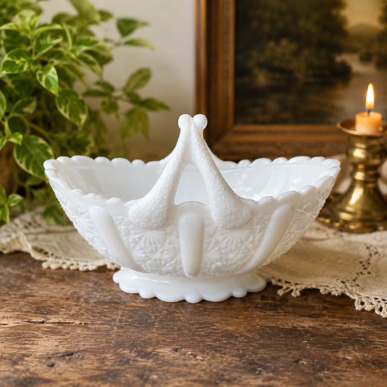 Vintage Fenton White Milk Glass Daisy Button Oval Basket w/ Split Twig Handle