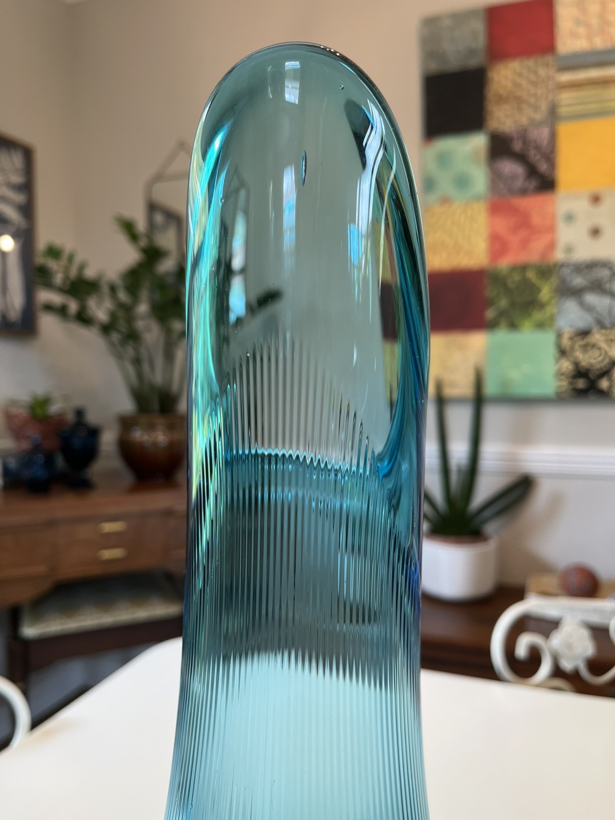 Vintage LE Smith Blue Three 3 Wheeler Swung Vase Ribbed Diamond Butt 16” MCM