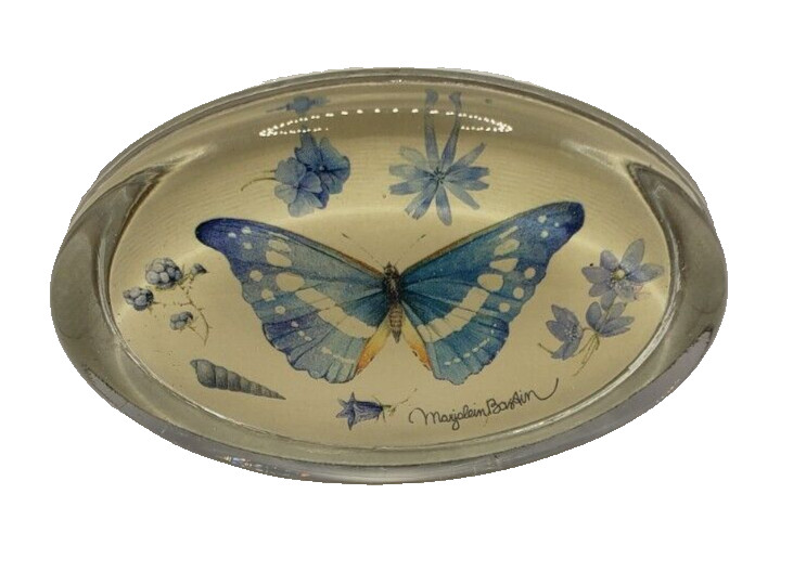 Marjalein Bastin Glass Paperweight Oval Flat Butterflies Botanical 4.25 x 2.75