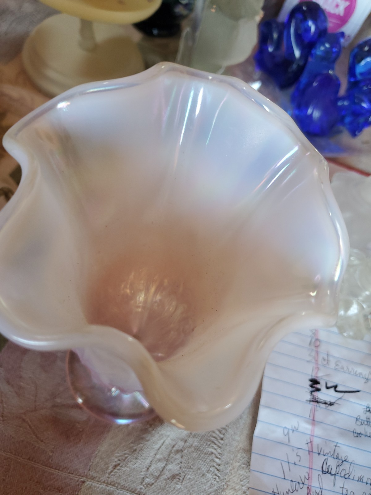FENTON OPALESCENT 7″ HANKERCHIEF FOOTED VASE W/LILY OF THE VALLEY BASE PATTERN