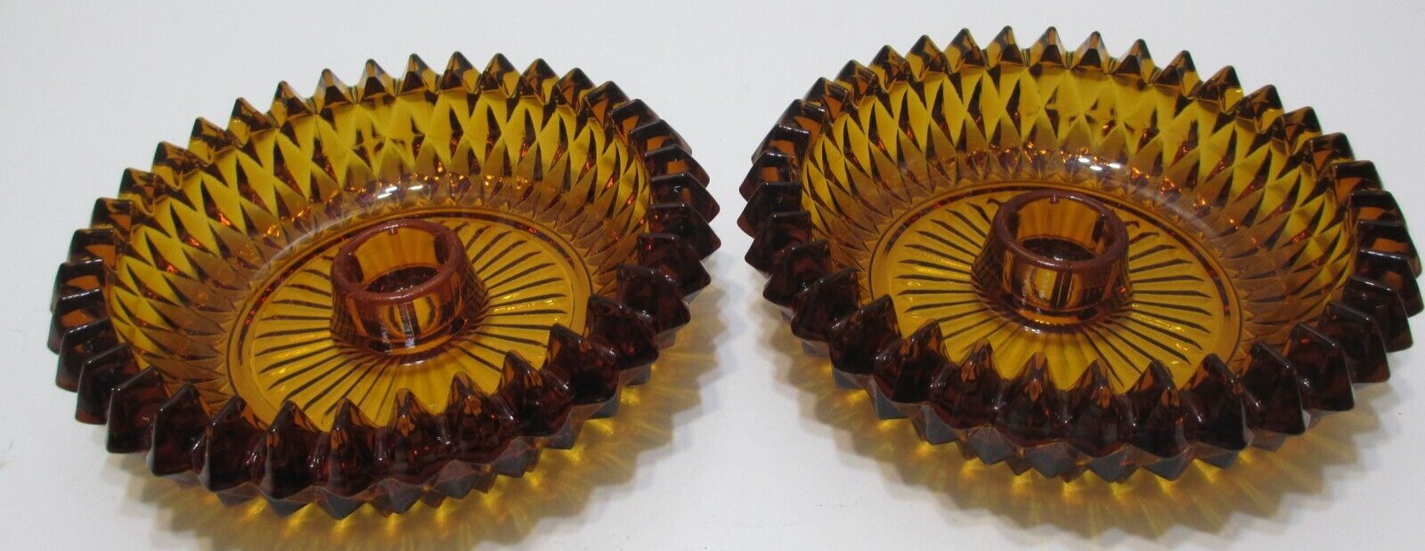 Vintage Indiana Glass Candle Stick Holders PAIR Diamond Point Amber Round