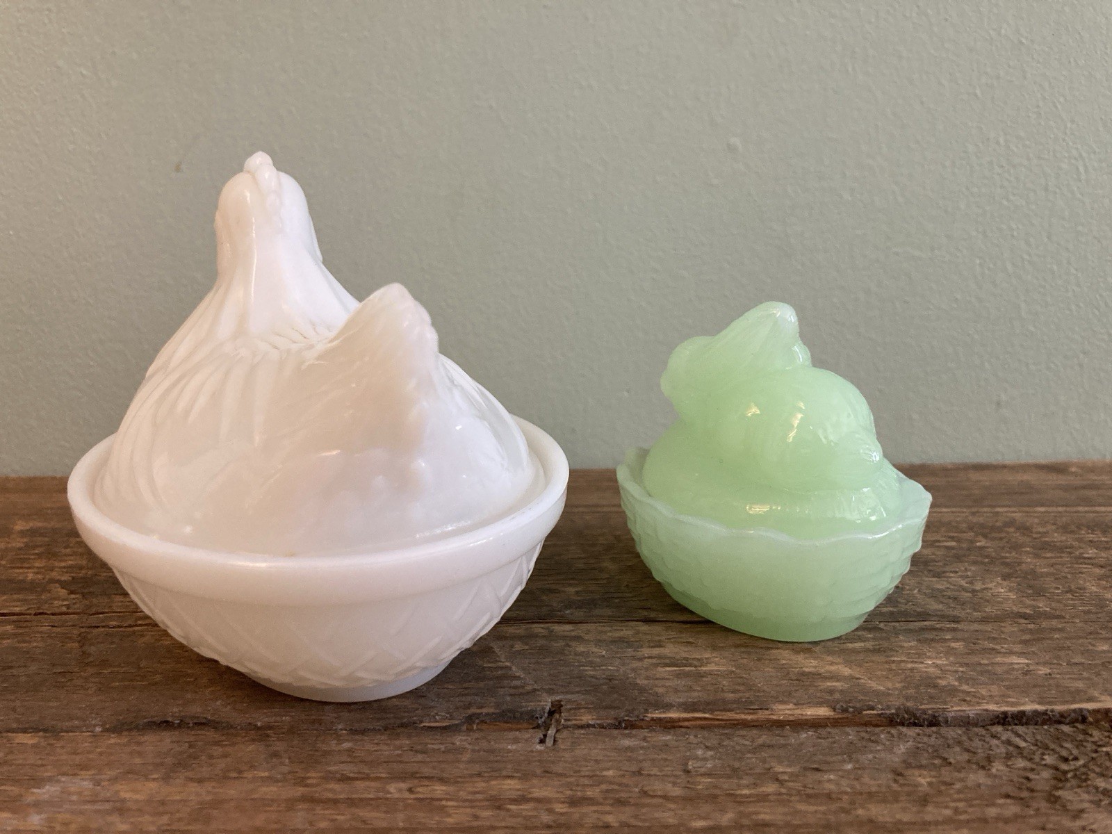 Jadeite Rabbit Bunny On Nest 2.5” & Translucent Milk Glass Hen On Nest 4.5”