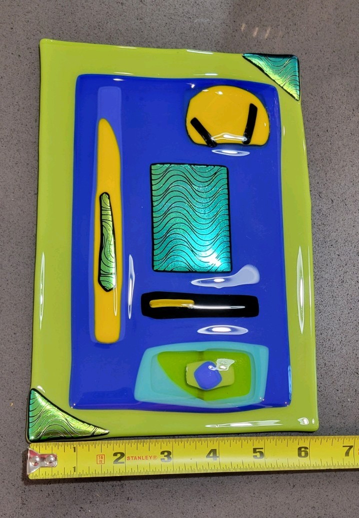Fused Art Glass Panel 9×6 Signed Abstract Postmodern Slab Handmade Colorful Rare