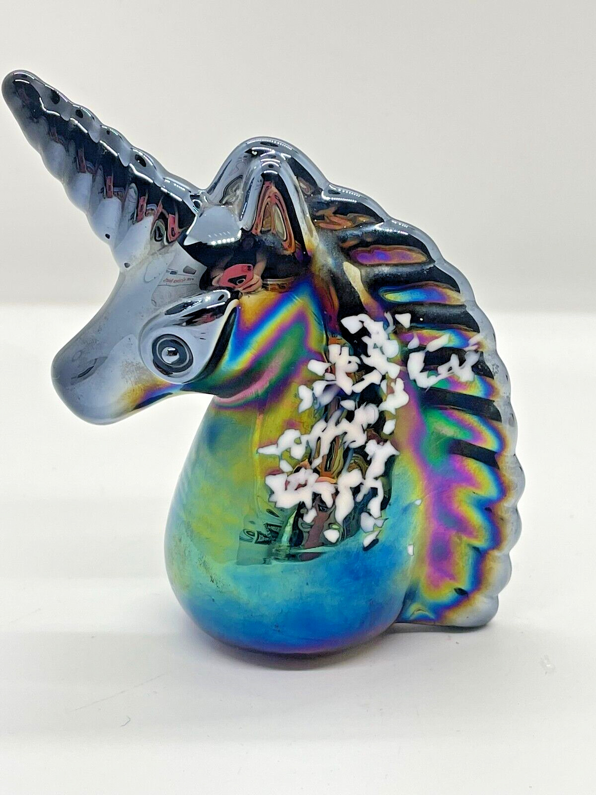 Vintage 80s , Paperweight, Unicorn, Iridescent, Cobalt, Carnival glass