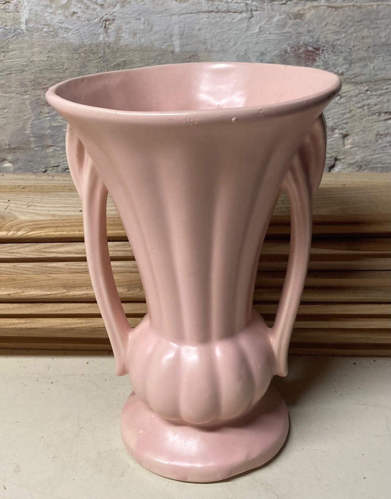 Vintage McCoy Art Pottery Pastel Pink Double Handles Panels Vase 1940’s 9 3/8″