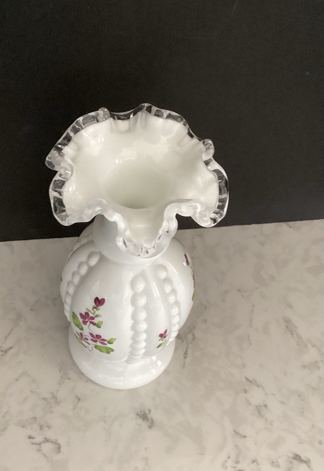 Fenton Glass Vase Violets In the Snow Beaded Melon Vase 9” Hand Painted/Signed