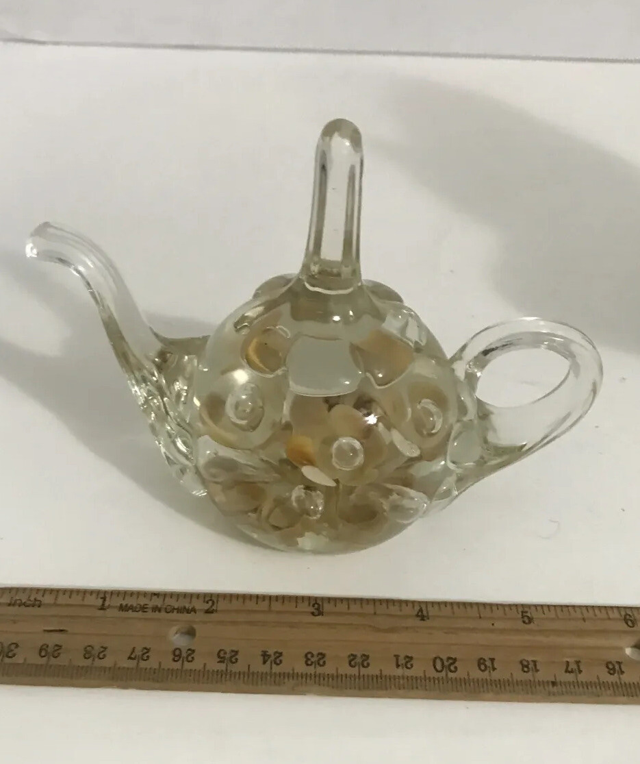 Joe St. Clair Art Glass Teapot Ring Holder Paperweight Flowers Bubbles Signed