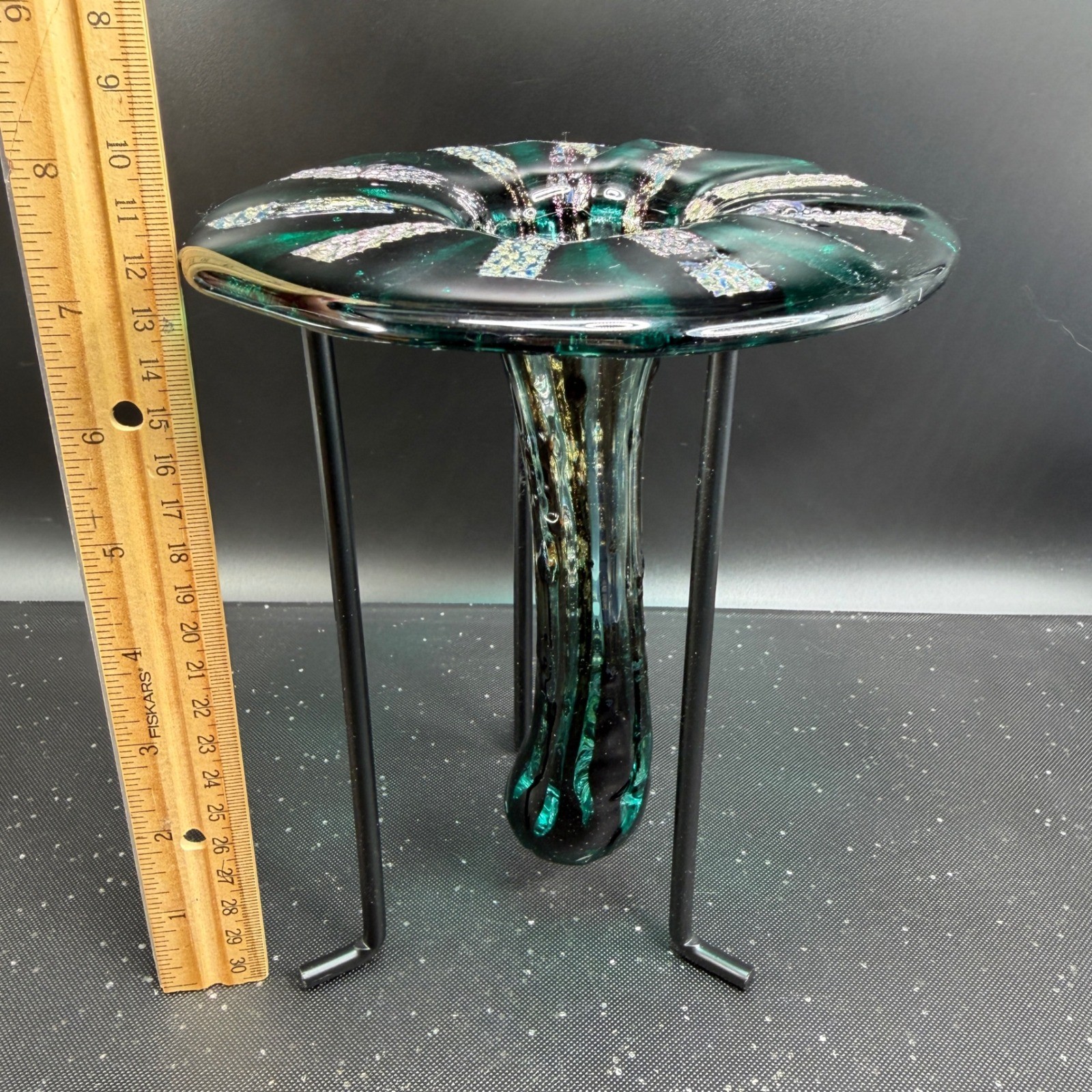 Art Glass Vase Green Dichroic Iridescent Hand Blown with Metal Stand Fused Glass