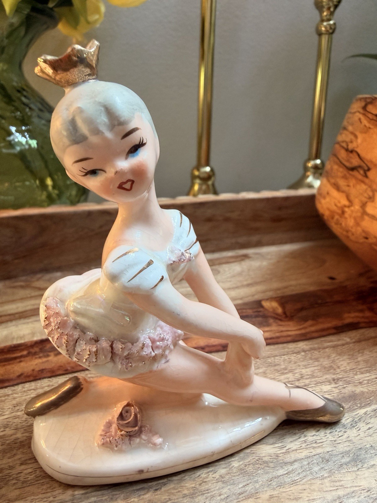 Vintage Japan Porcelain Ballerina Figurine Gold Crown Ballet Dancer Mid Century