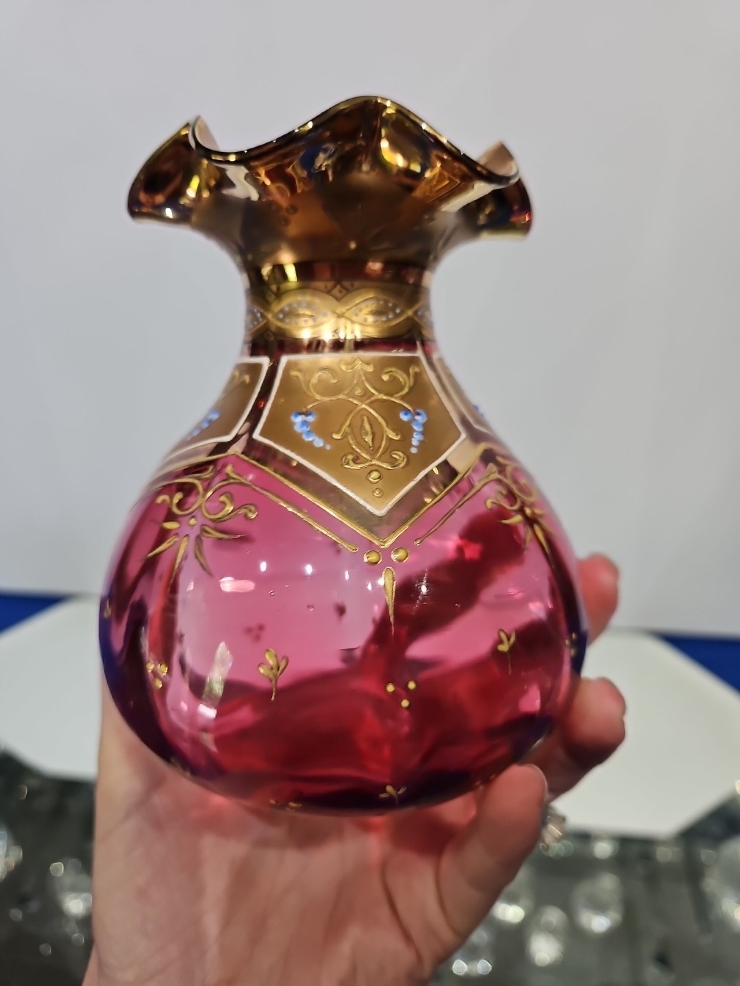 Antique Small Glass Vase, Bohemian Cranberry gold enamel , Moser / Harrach type