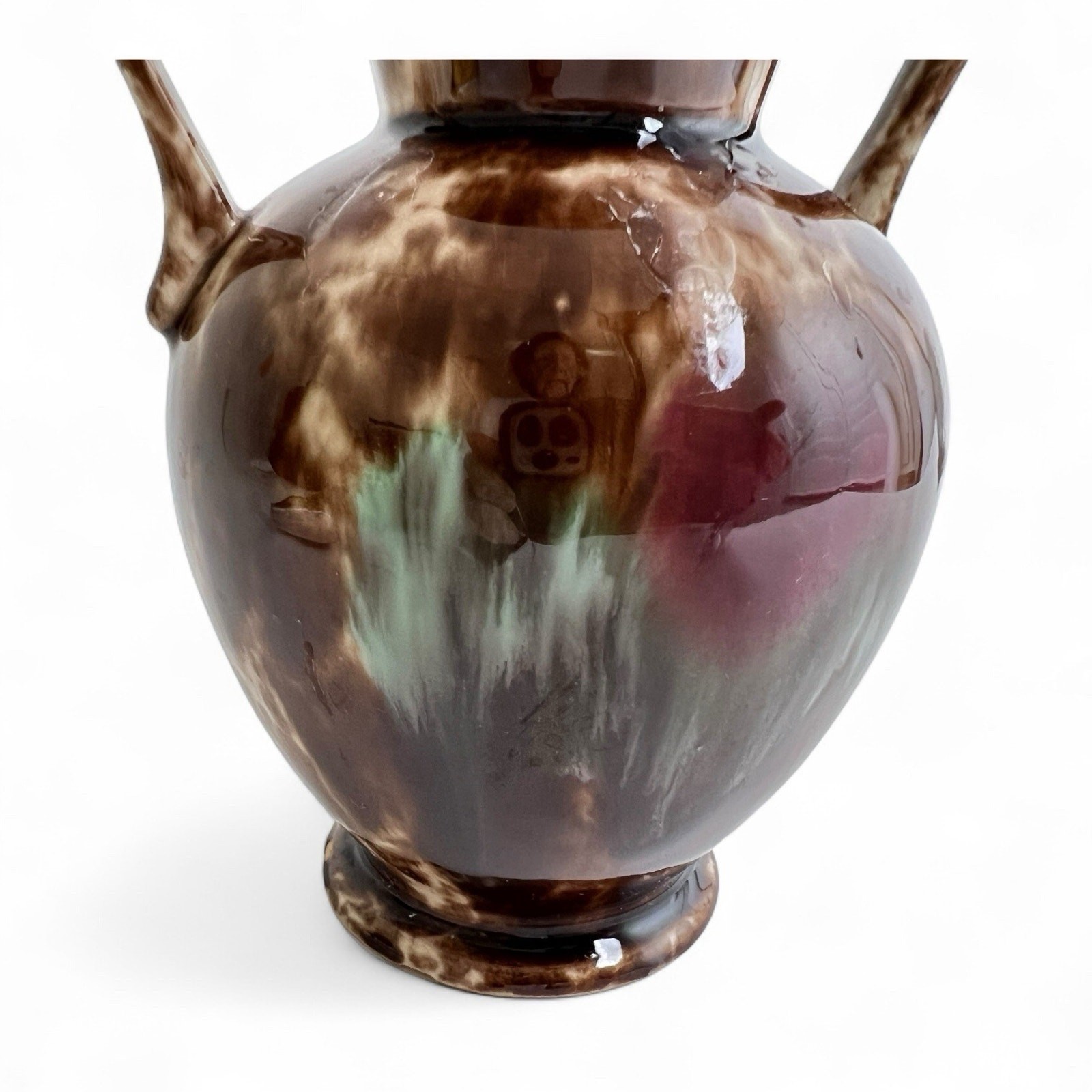Art Pottery Drip Glaze Decorative Ceramic Vase MCM Double Handle 5″ Vintage