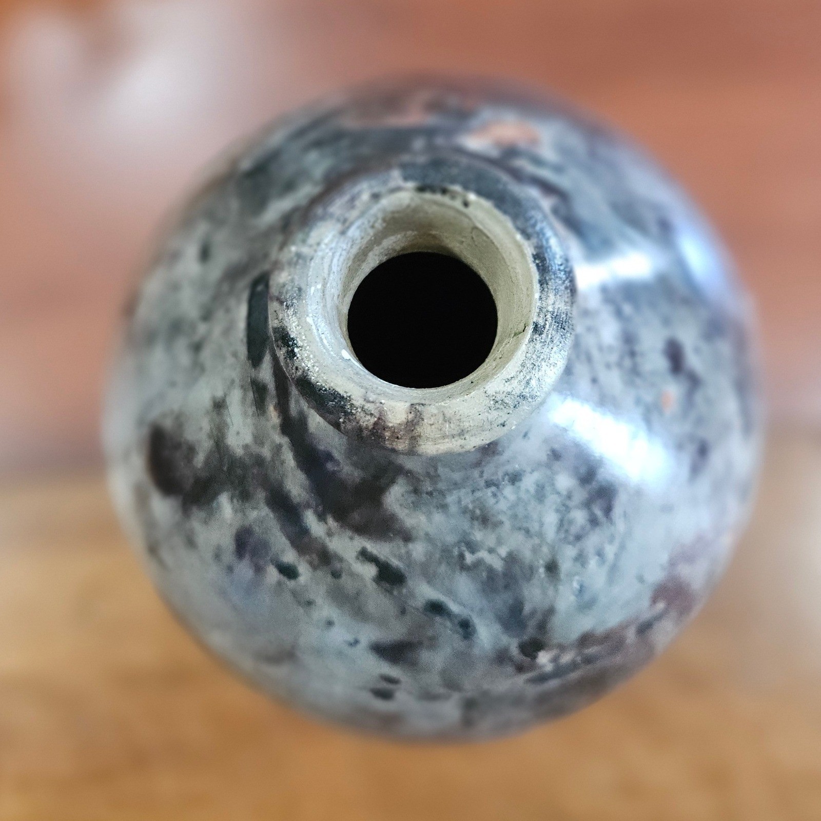 Signed Studio Pottery Bottle Vase Mottled Black Grey Glaze Hand Thrown Ceramic