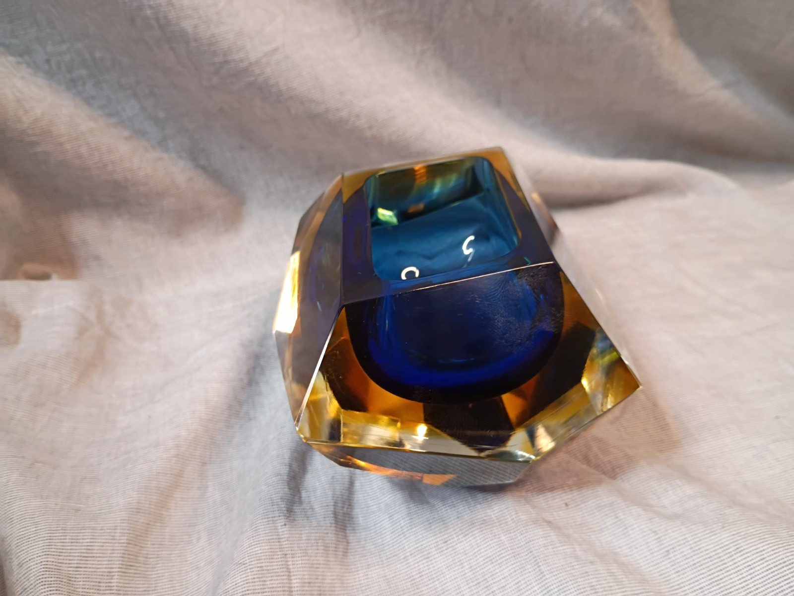 Murano Glass Faceted Blue and Yellow Geode Bowl Ashtray Flavio Poli Sommerso