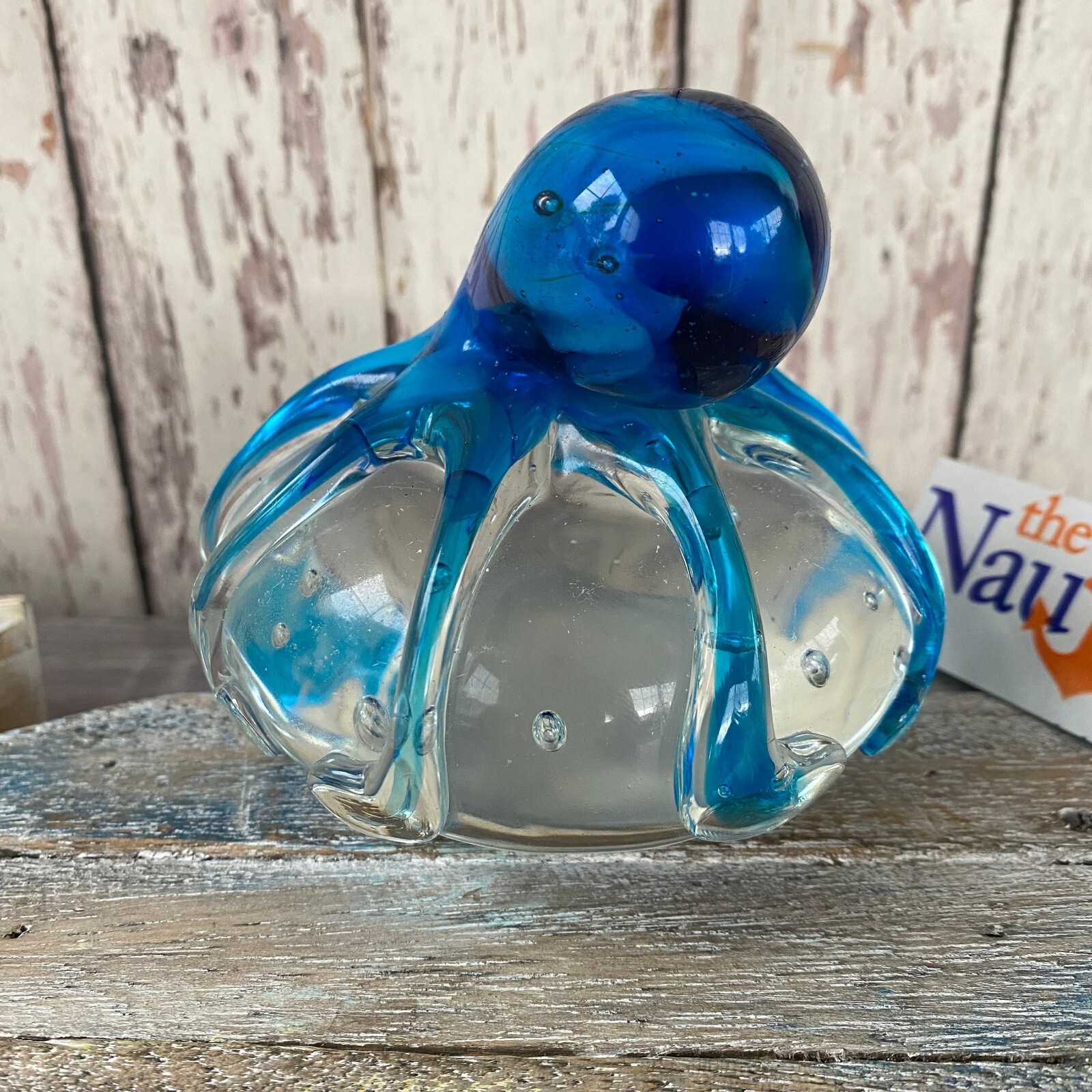 Glass Octopus On Ball Figurine – 2.25 lbs. – Blue & Aqua – Hand Blown Tropical