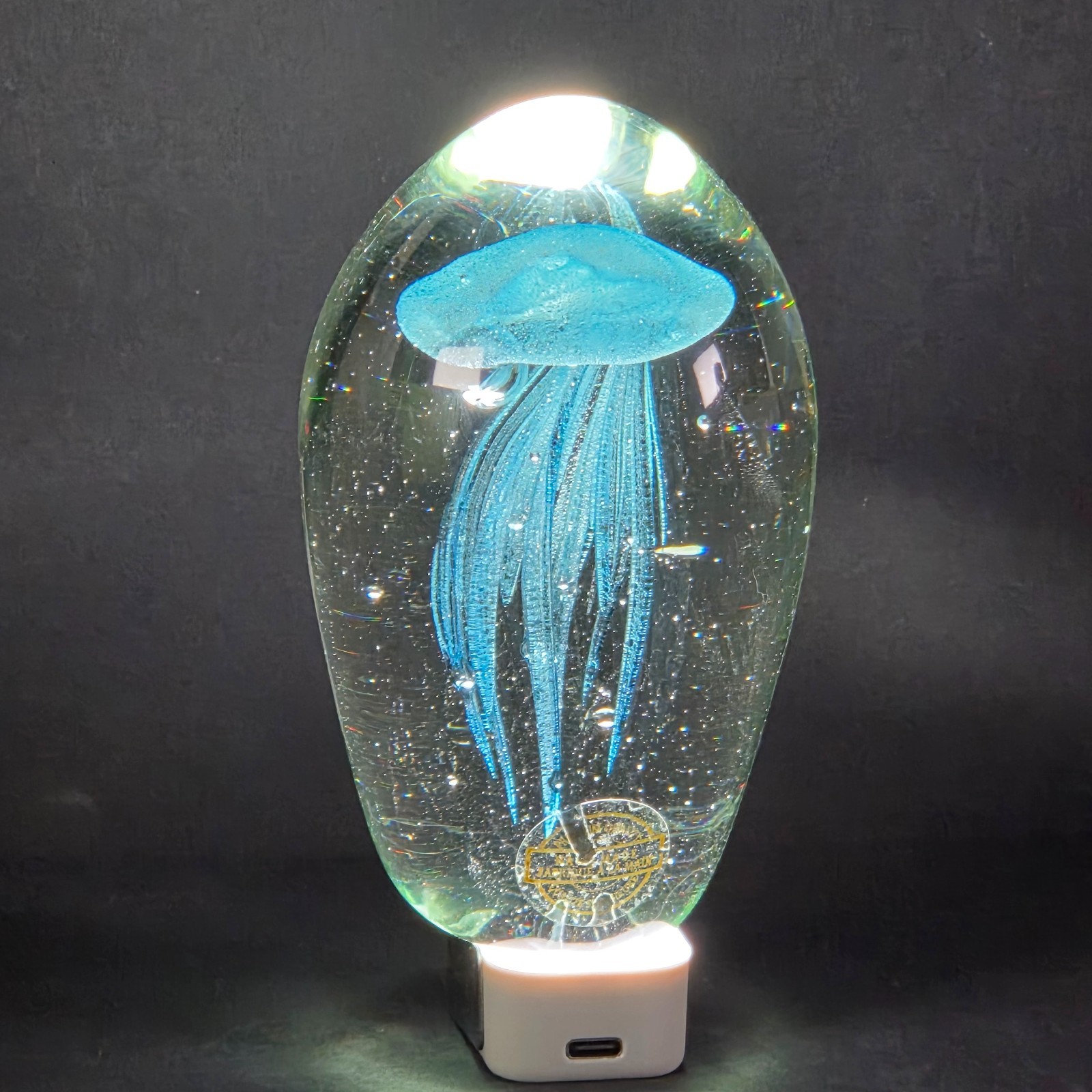 Hand Blown Jellyfish Art Glass Paperweight Light Blue 6.25″ Bubble Sculpture