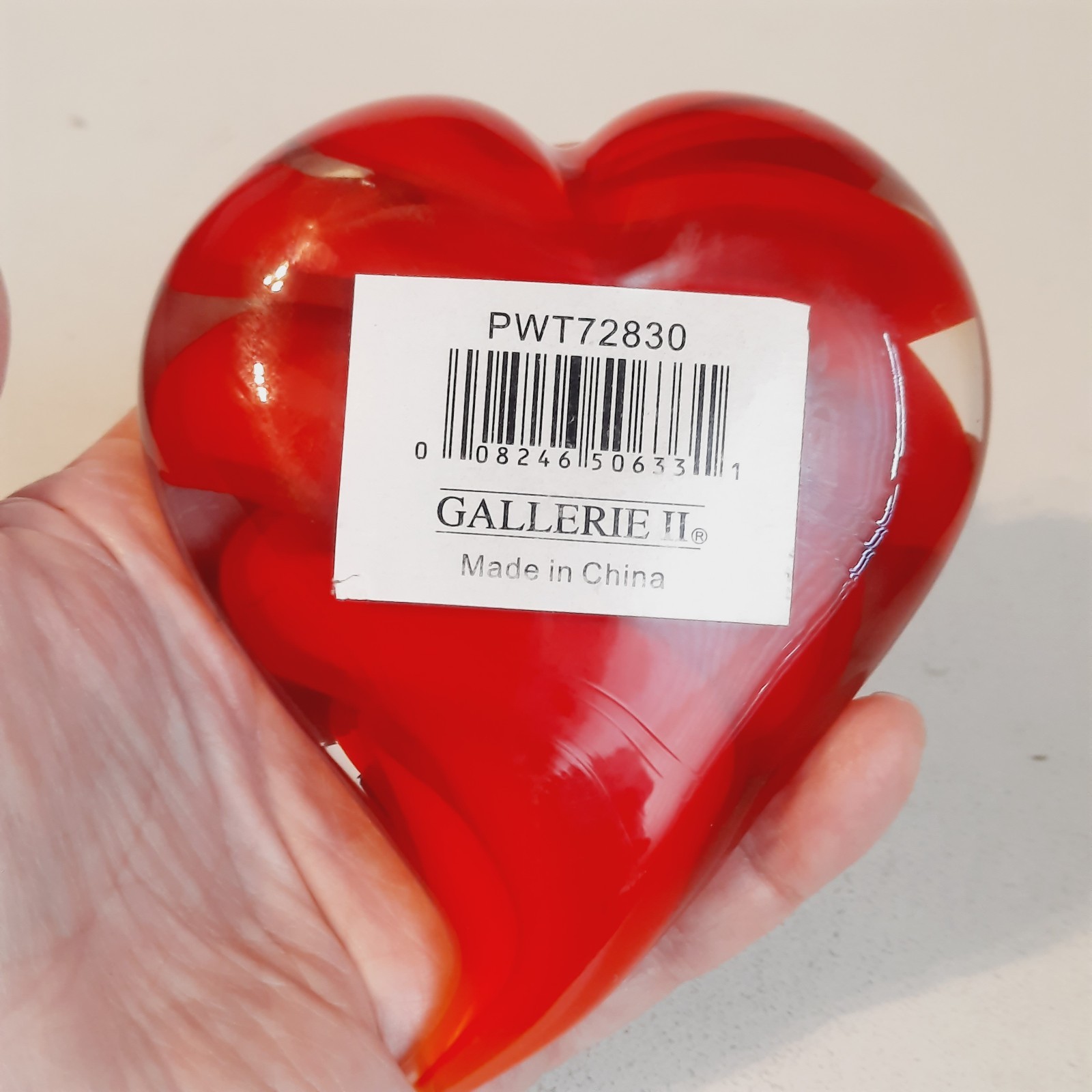 Ruby Red Hand Blown Art Glass Heart Shaped Paperweight Ribbon Swirl Gallerie II