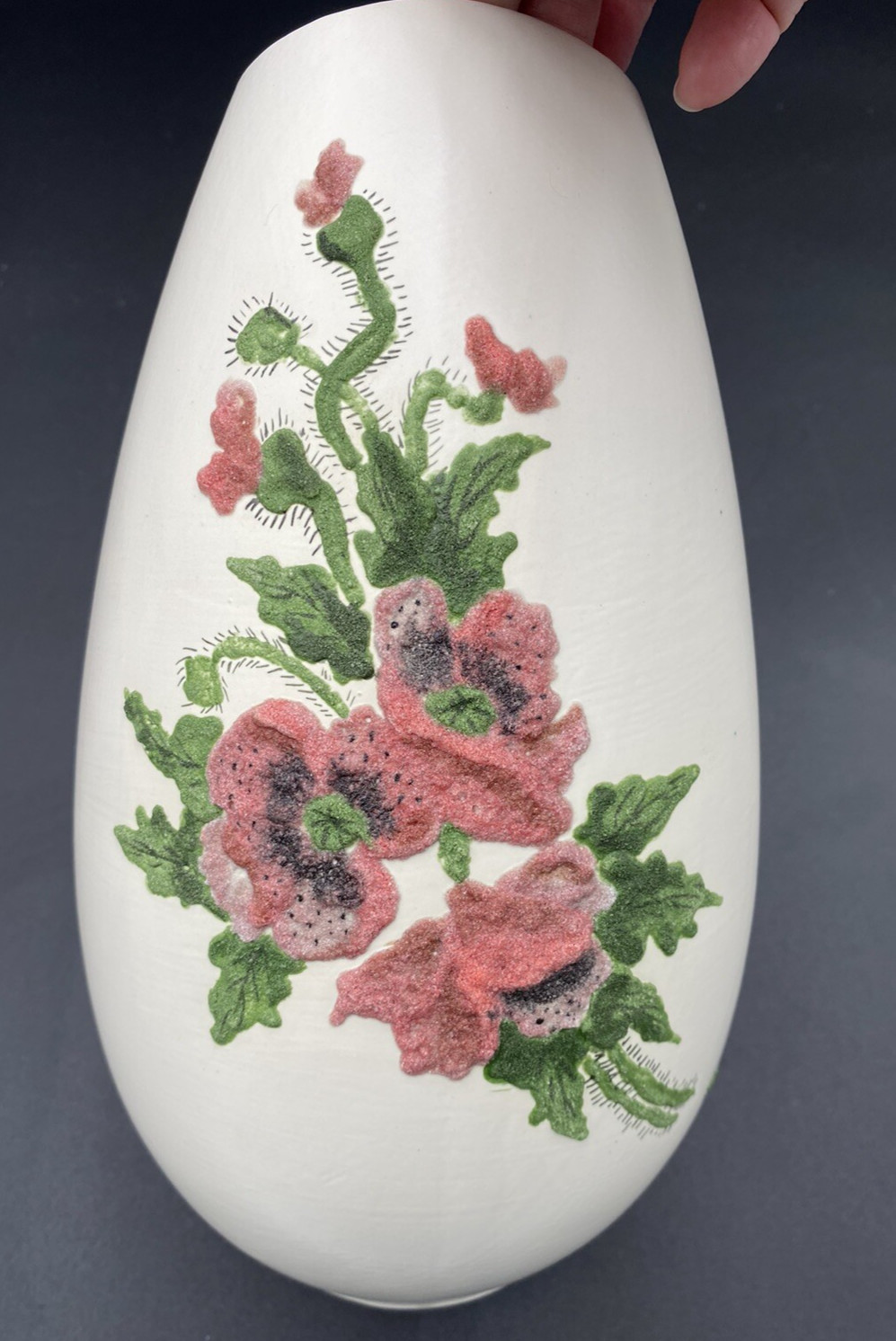 Vintage (’81) Holland Mold Hand-Decorated Vase, 3-D Pink Cactus Flowers, Signed