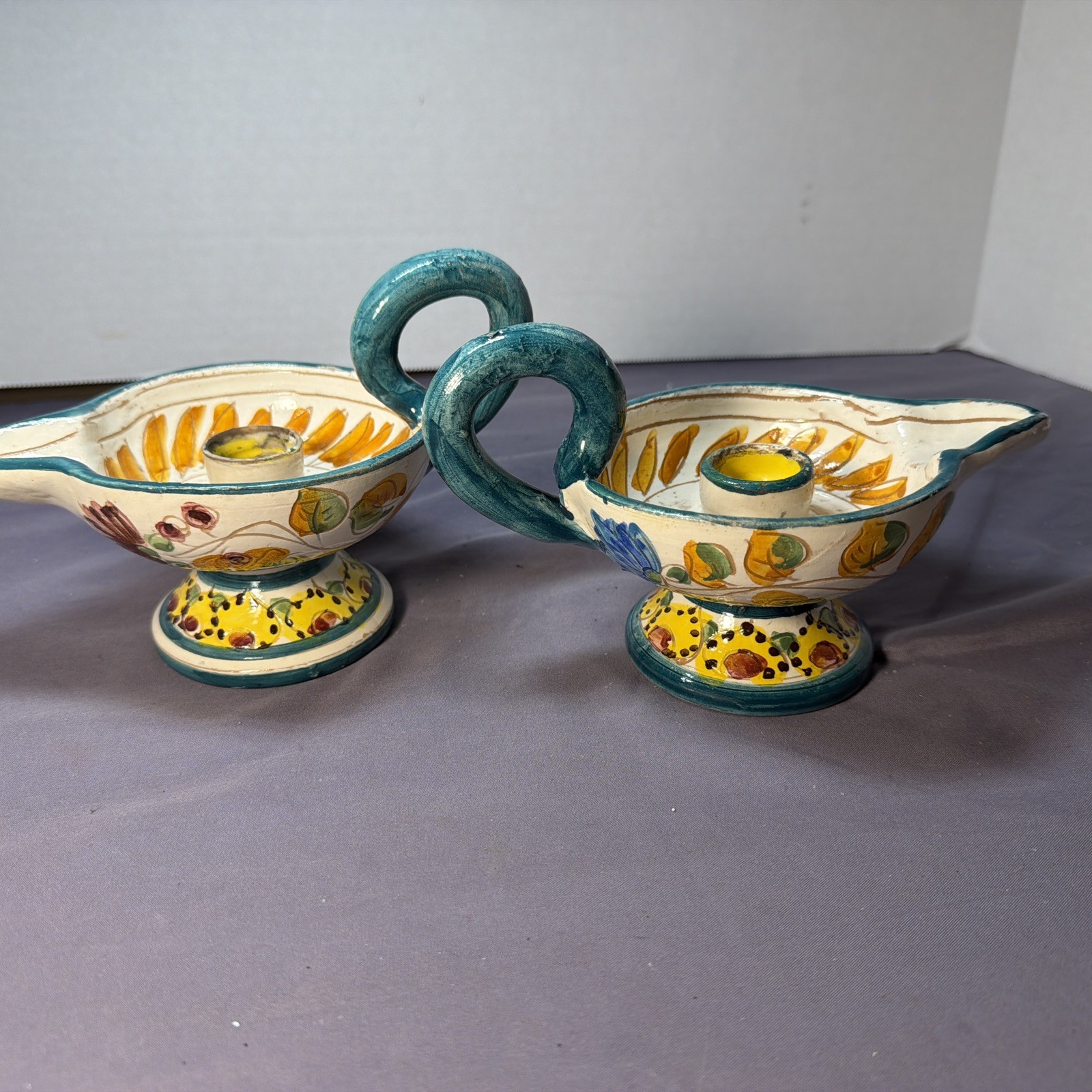 Vintage Aladdin Lamp Candle Holder Handpainted Italy Pottery Set Of 2