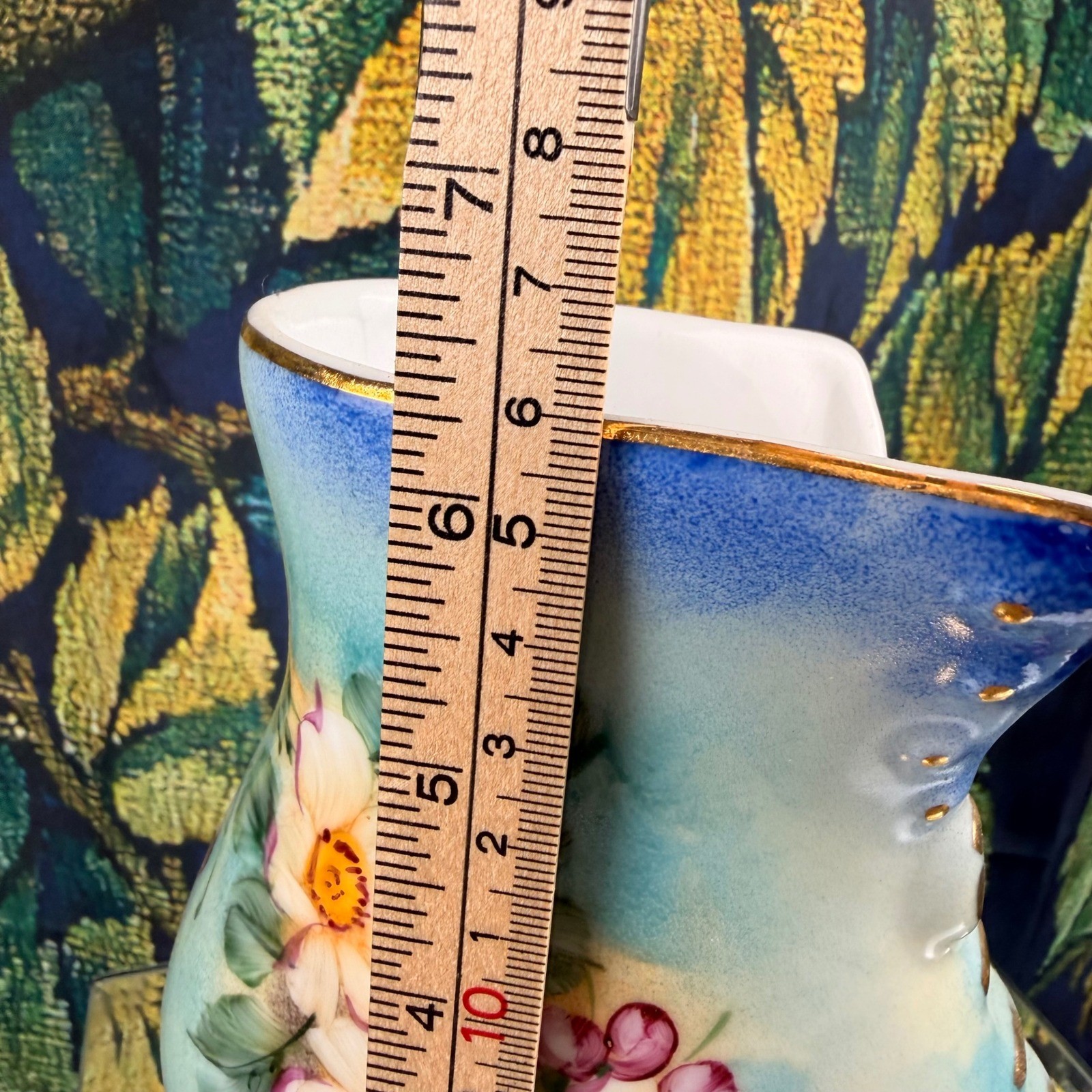 Vintage Hand Painted Porcelain Floral Victorian Boot Figurine Blue Gold Gilt