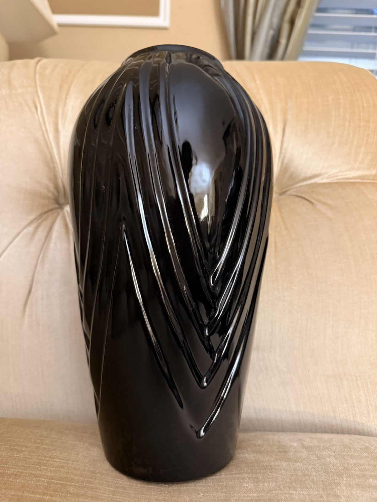 Vintage 80s Art Deco Revival Vase 12” Black Draped Swirl Attributed to Haeger