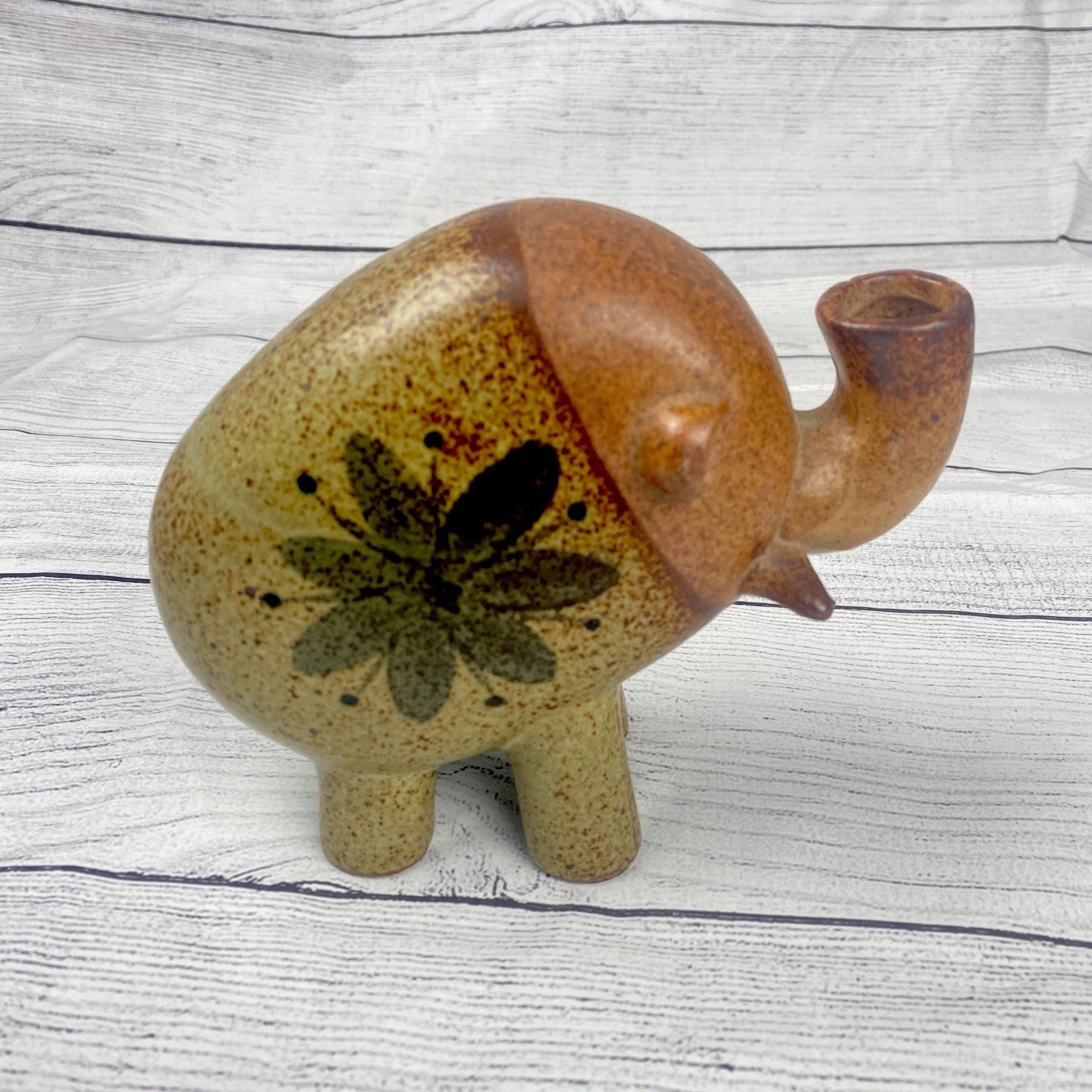 Elephant Art Pottery Figurine Trunk Up Brown Blue Flower Folk Art 6″ X 7″