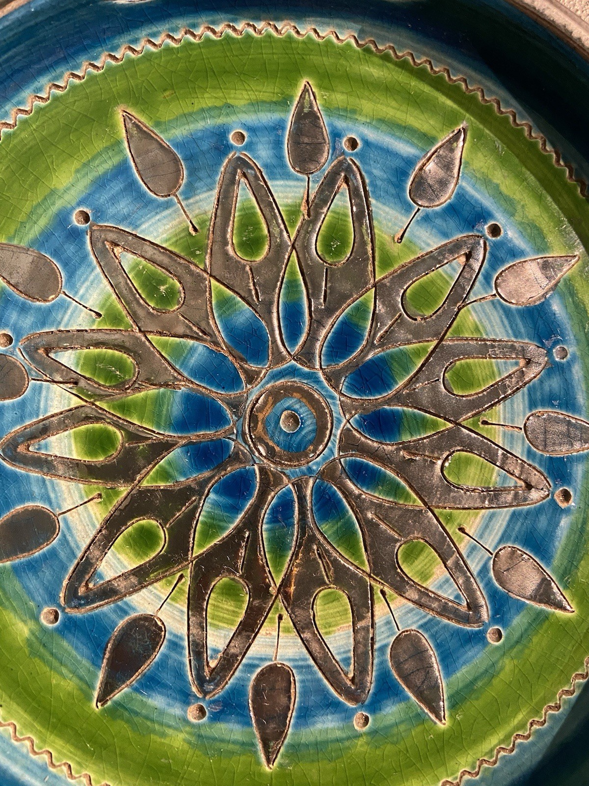 Vintage Bitossi Green Blue Ashtray 10″ Aldo Londi Italy MCM Ceramic CHIPPED