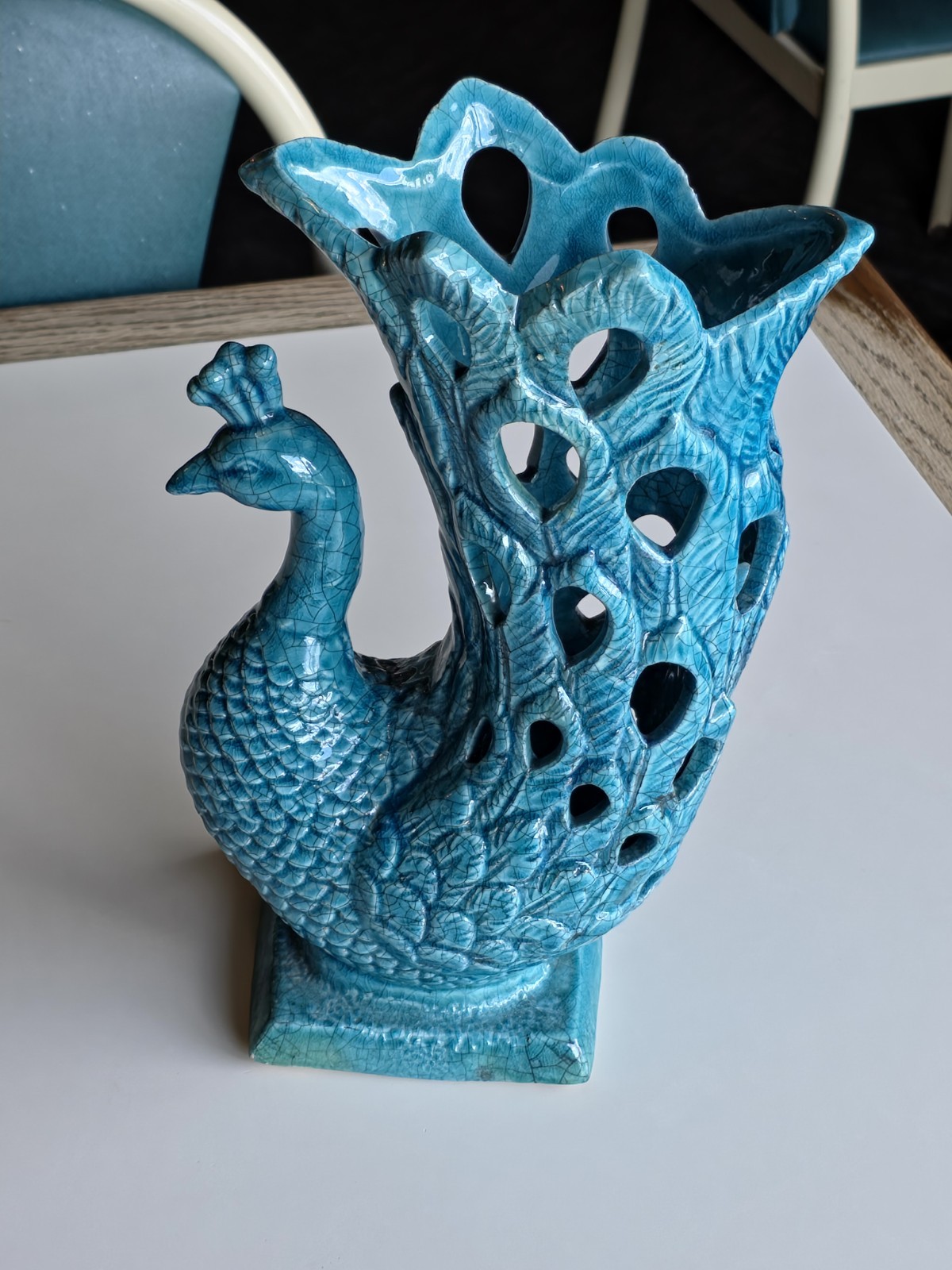 Vintage Blue Crackle Glaze porcelain peacock Figurine Vase 12″
