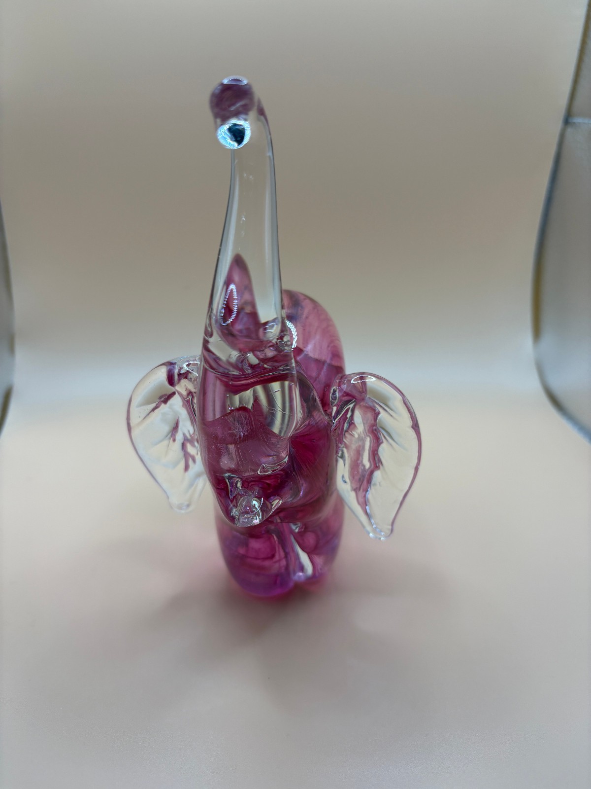 Pink Elephant Swirl Art Glass Paperweight Trunk Up – 6.25 Inches Tall