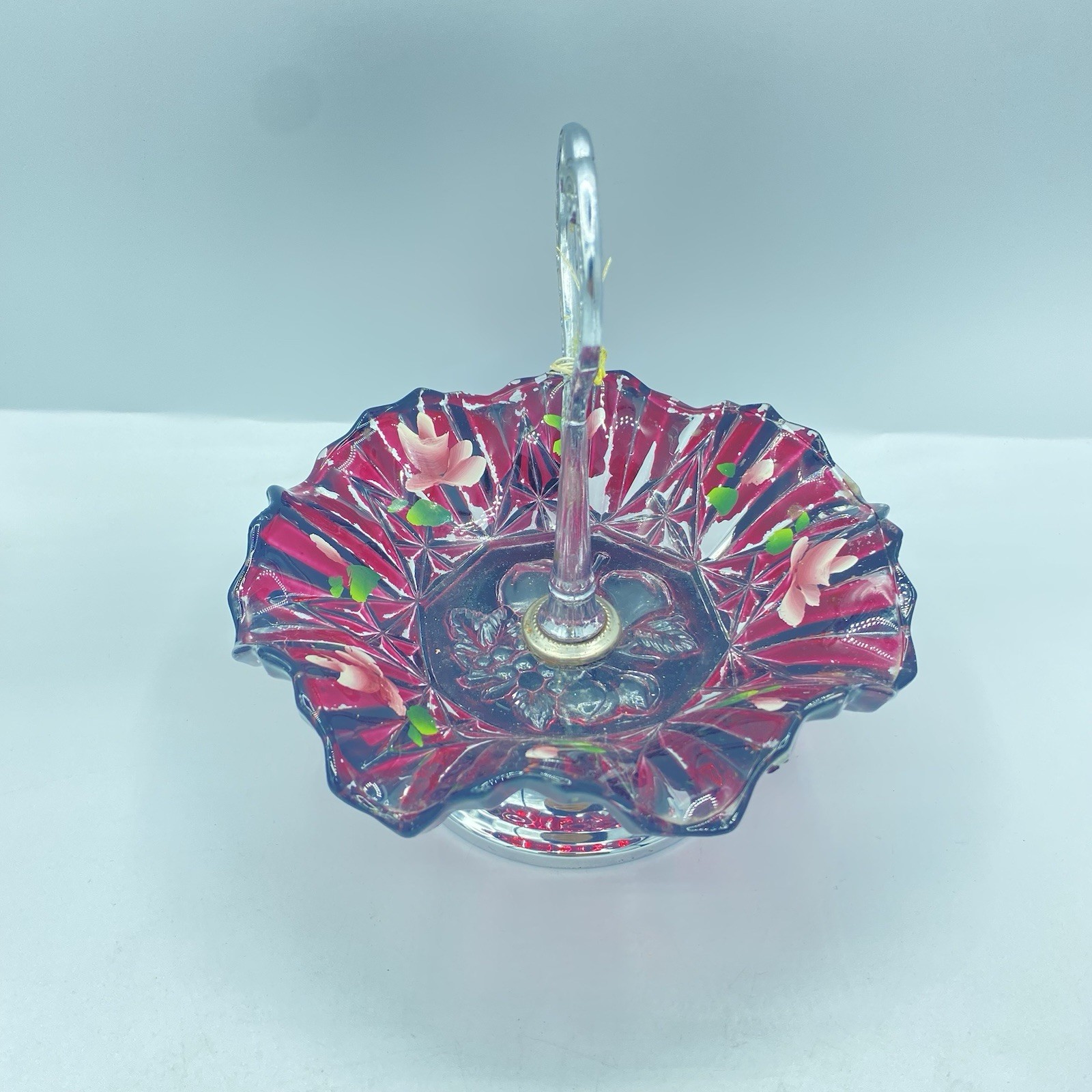 Opalescent Cranberry Glass Brides Basket Silver Plate Stand Floral