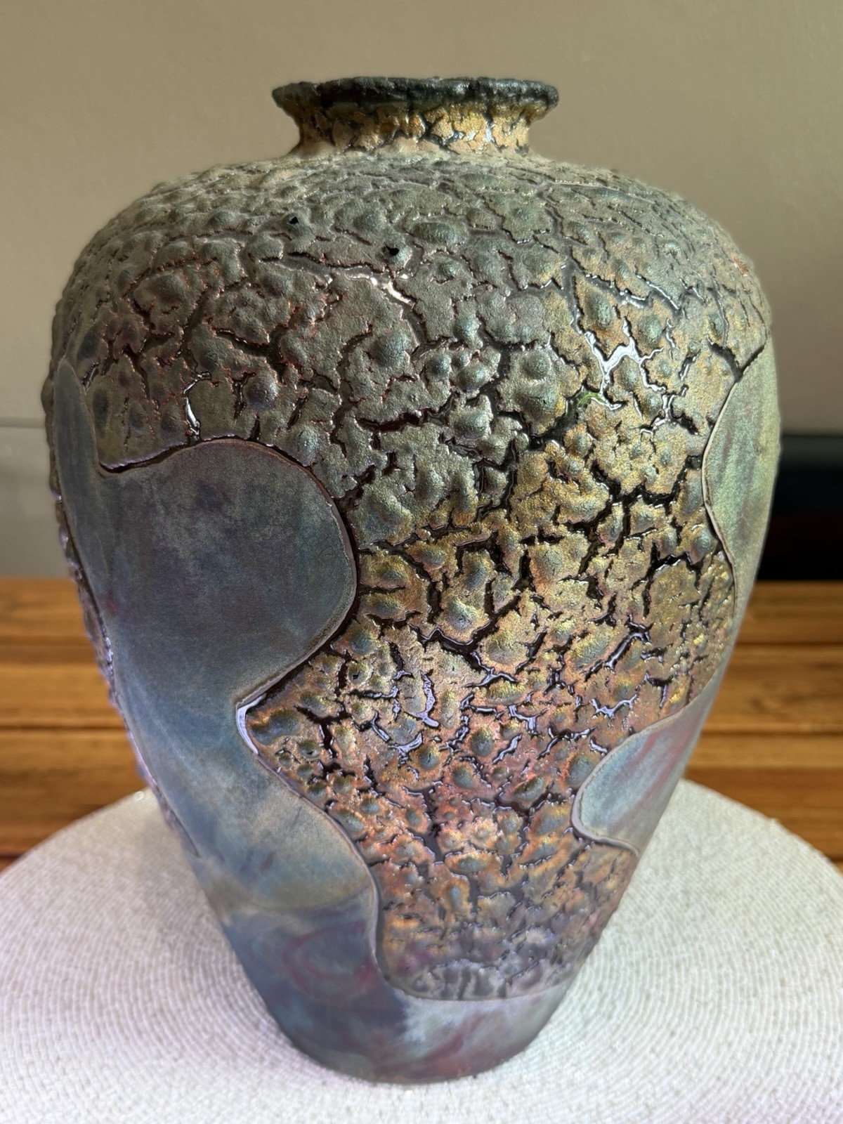 Signed StudioPottery RakuVase KJ Williams Copper MetallicCrackle Sculptural Vase