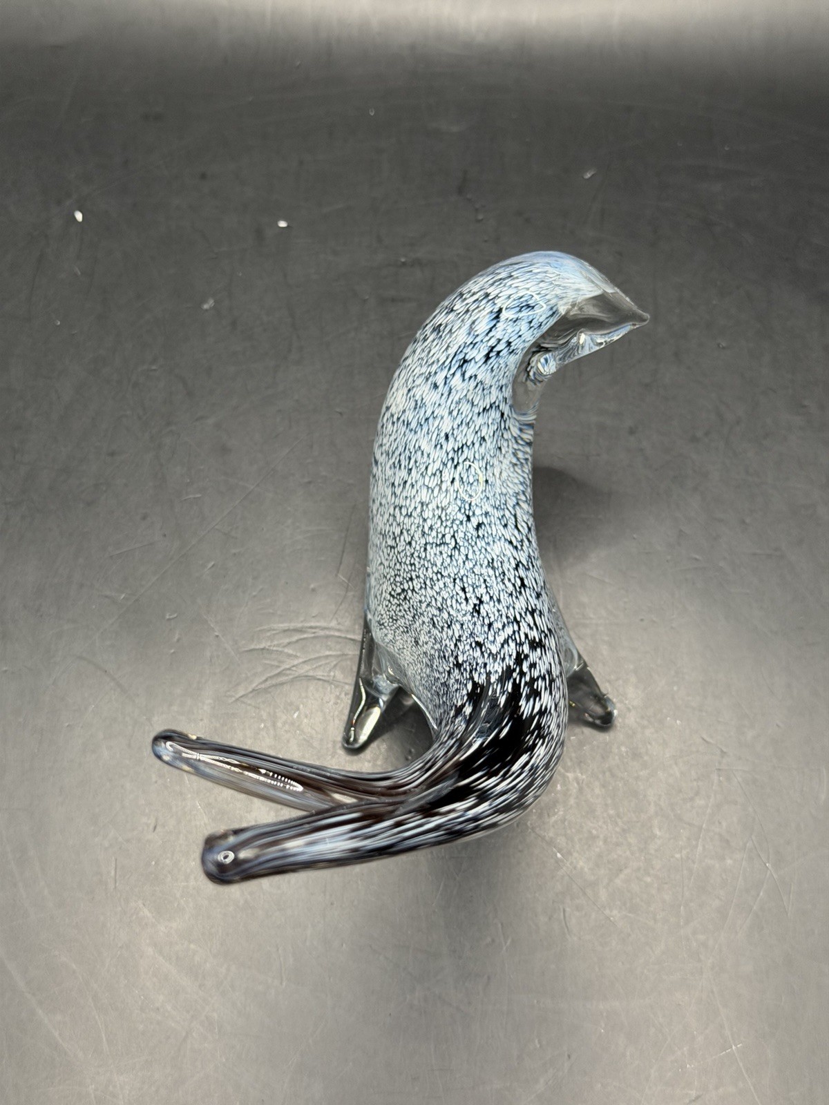 VTG Super RARE Murano Art Glass Seal Sculpture Black Grey White Speckled GLOWS!