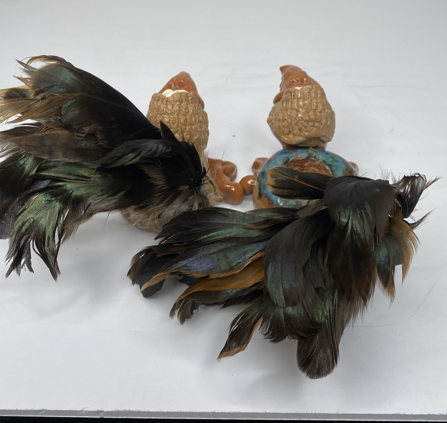 Vtg Hicks Red Clay Pottery Funny Birds w/ Feathers Candle Holders Signed