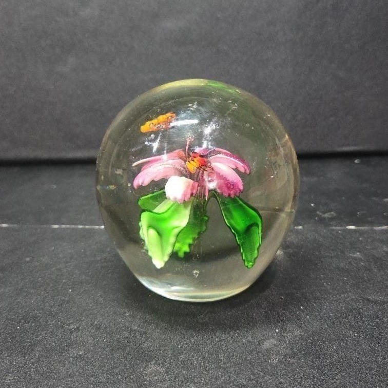 Silvestri Art Glass Paperweight, Purple Flower with Two Bees, Vintage Sculpture