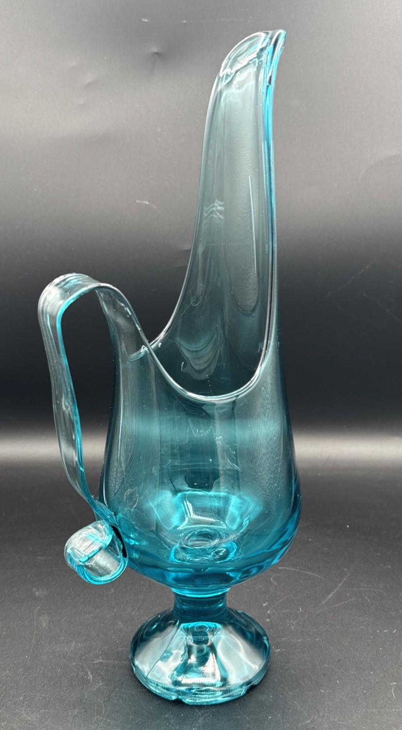 LE Smith Swung 14″ Simplicity Glass Peacock Blue Footed Pitcher Candlestick VTG