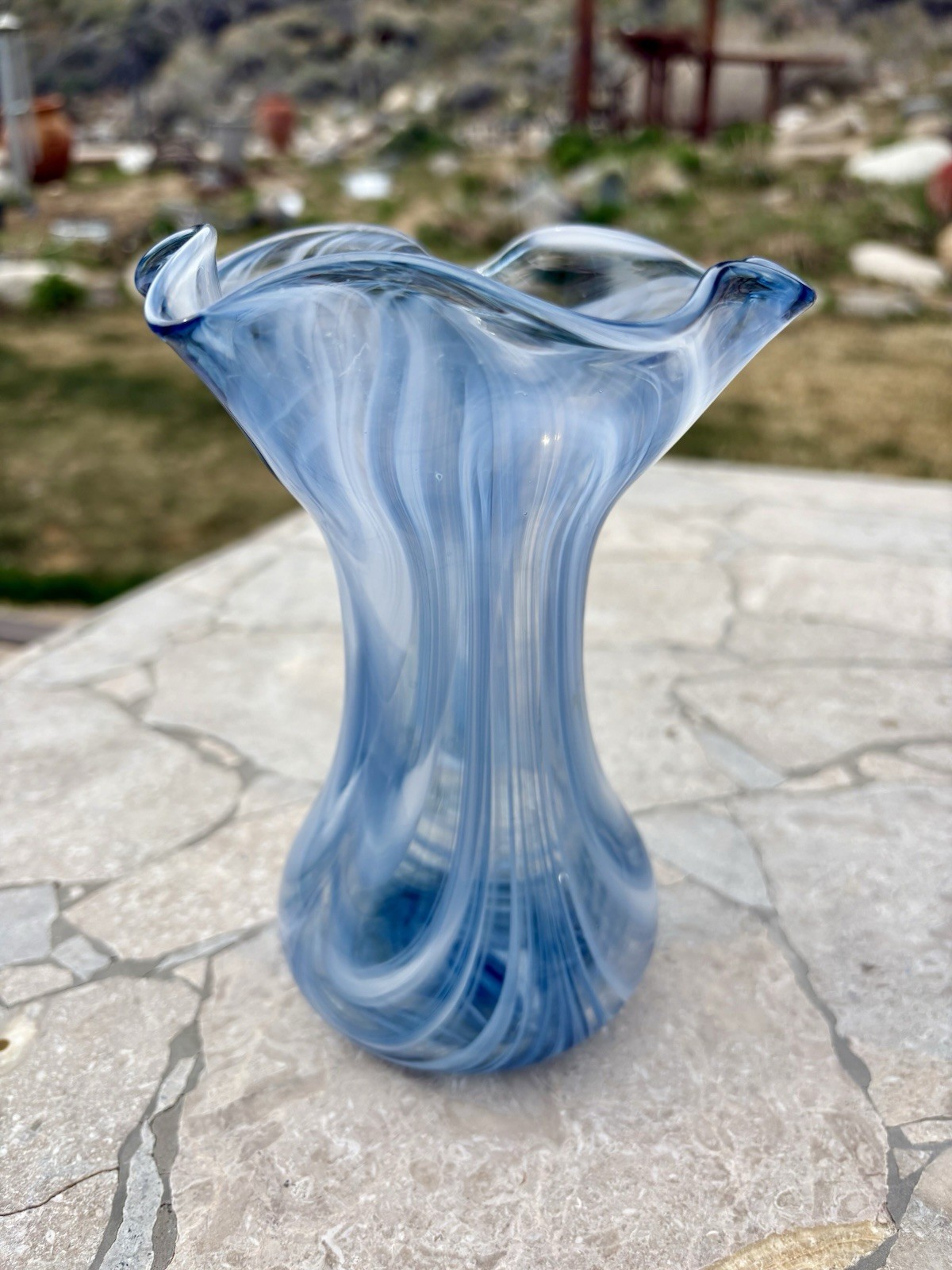 Vtg Signed New Morning Glass Studio Handblown Ocean Blue Swirl Waves Ruffle Vase